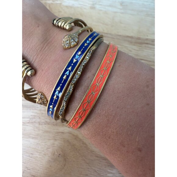 Stella & Dot Gold Cuff Bracelet Stack With Blue & Coral Enamel Rhinestone - Picture 2 of 14